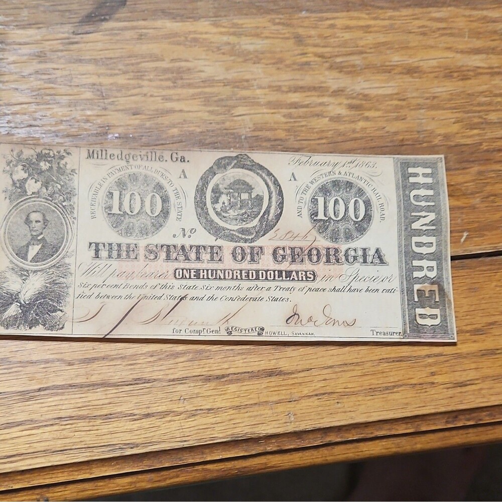 State‎ of Georgia $100 Obsolete Banknote February 1, 1863 Milledgeville